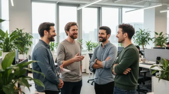 Collaborateurs échangeant dans un espace de travail moderne lumineux illustrant l'engagement QVCT