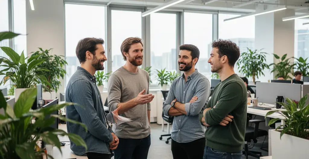 Collaborateurs échangeant dans un espace de travail moderne lumineux illustrant l'engagement QVCT