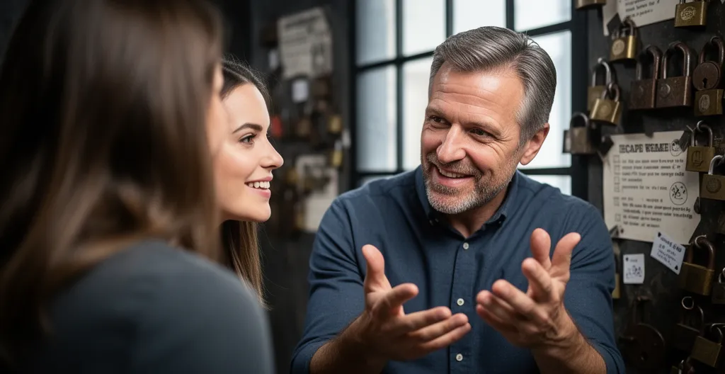 Deux collègues en communication intense pendant résolution d'énigme escape game