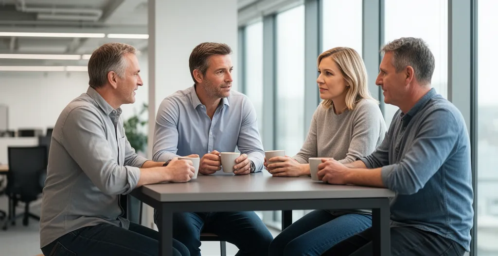 Manager animant un débriefing avec son équipe dans un espace de coworking