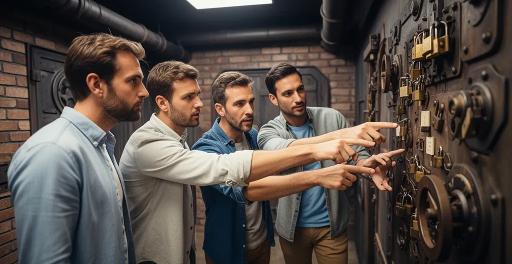 Équipe de collègues collaborant sur des énigmes lors d'un escape game corporate