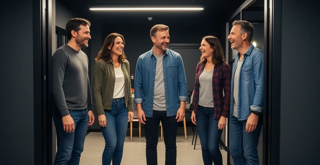 Équipe de collègues sortant d'un escape game avec expressions de satisfaction