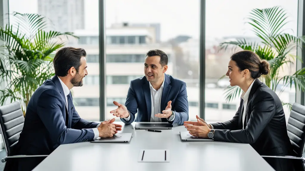 Professionnels en discussion animée lors d'une réunion CSE dans une salle moderne