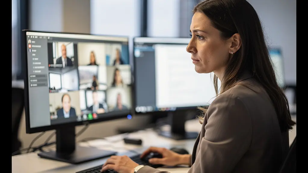 Secrétaire CSE concentrée devant son ordinateur en fin de journée