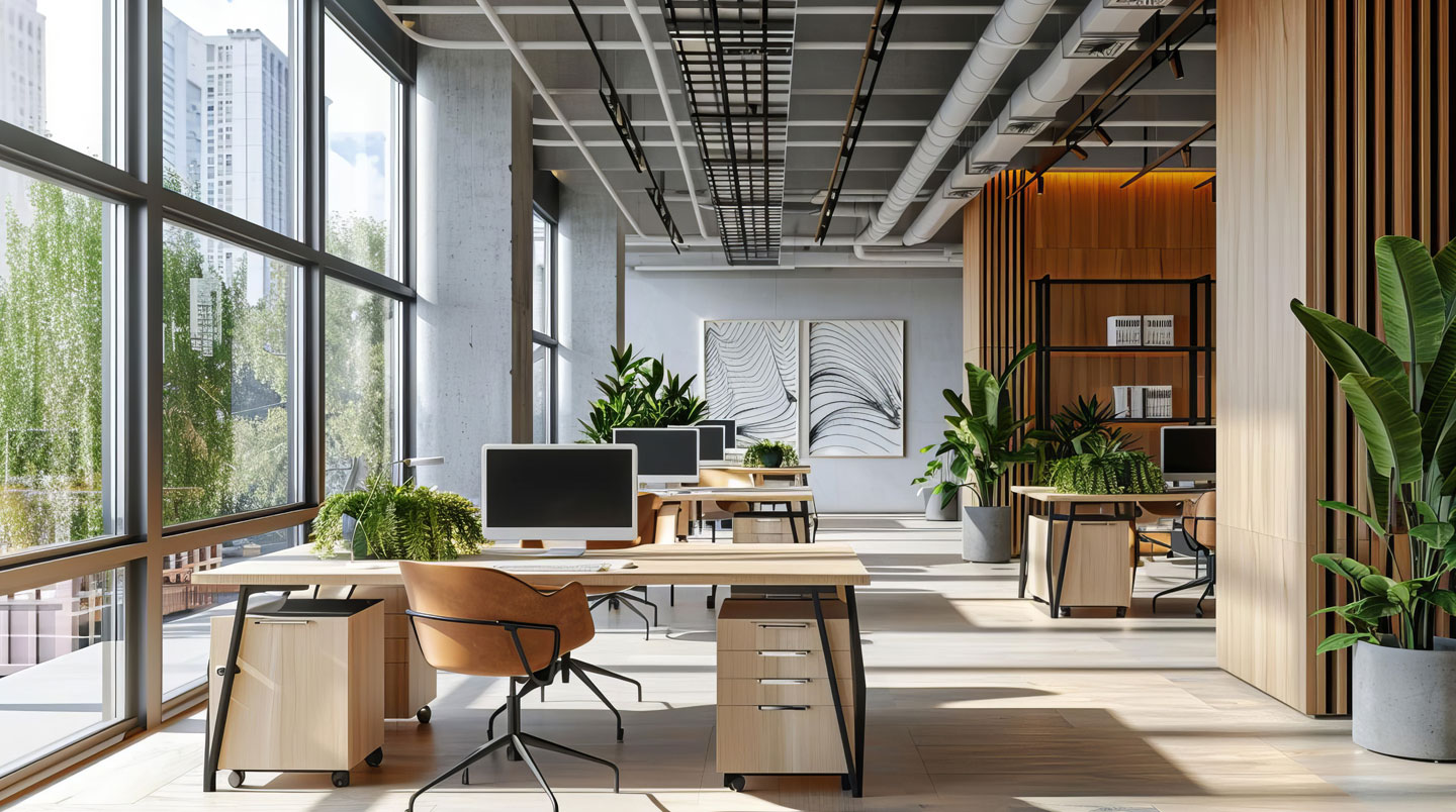 Espace de bureau collaboratif avec panneaux acoustiques muraux en feutre entre les postes de travail, collaborateurs concentrés, rangements bas et lumière naturelle douce