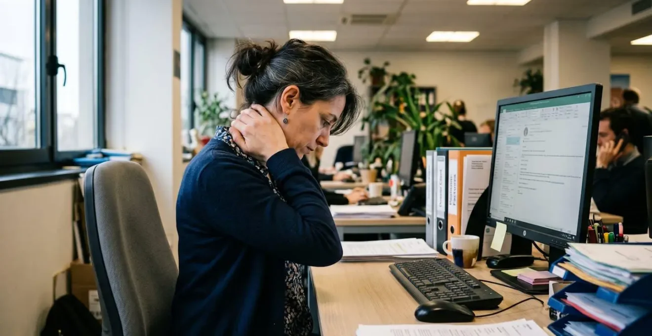 Collaboratrice en fin de journée avec main portée à la nuque en signe de tension cervicale, posture avachie devant un écran trop bas, illustration des signes d'inconfort ergonomique