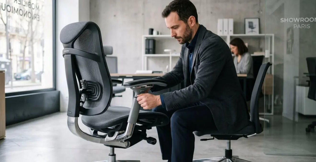 Vue latérale d'un professionnel ajustant l'accoudoir d'un fauteuil ergonomique, avec support lombaire, mécanisme de profondeur d'assise et accoudoirs 3D visibles
