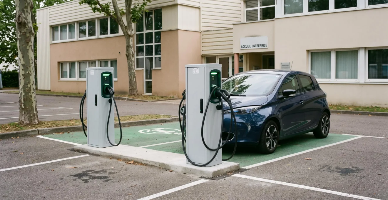 Bornes de recharge pour véhicules électriques installées sur le parking d'une entreprise française avec un véhicule en charge