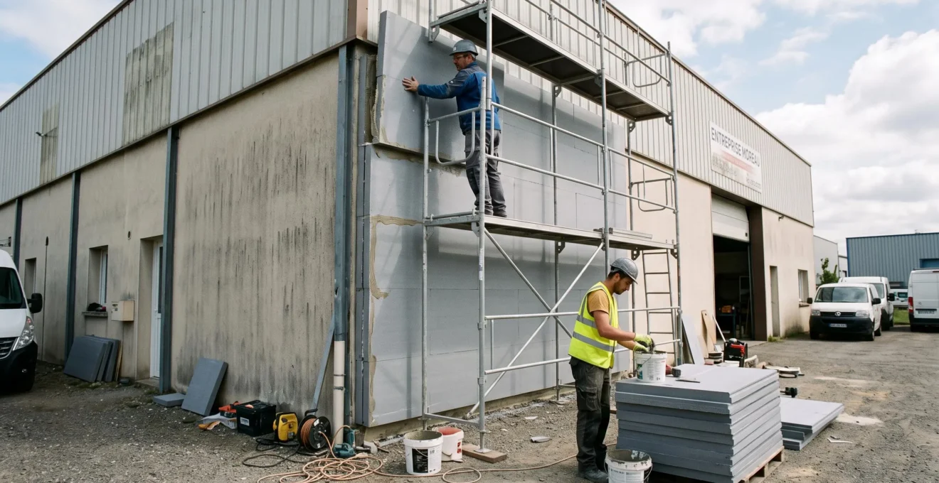 Ouvriers installant des panneaux d'isolation thermique sur la façade d'un bâtiment commercial français
