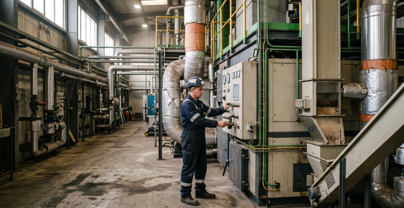 Technicien inspectant une chaudière biomasse industrielle dans une installation de production française